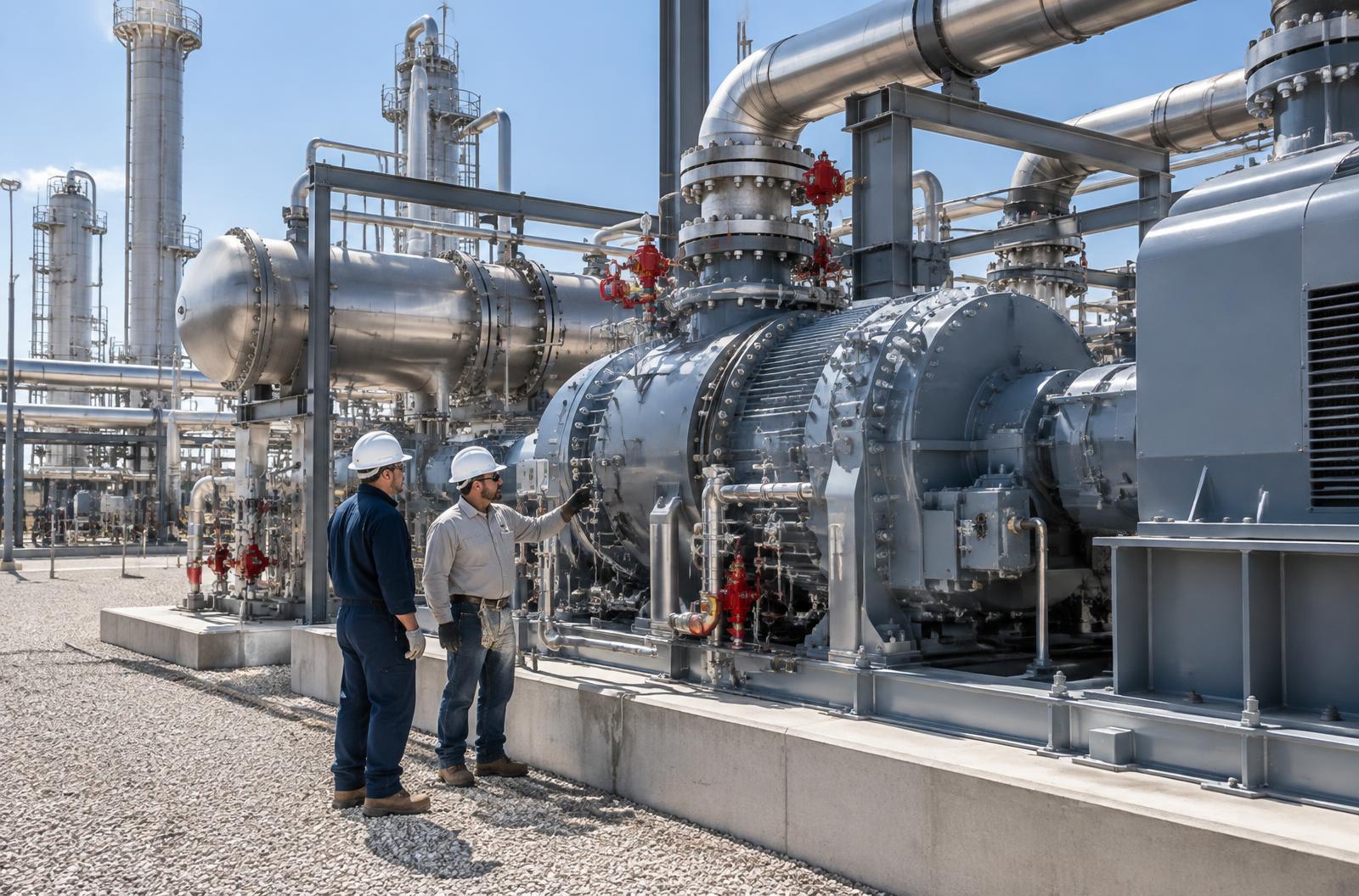 Technicians inspecting compressor equipment